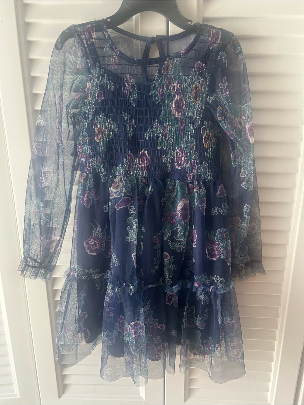 Girls' Navy Floral Mesh Tiered Dress with Smocked Bodice